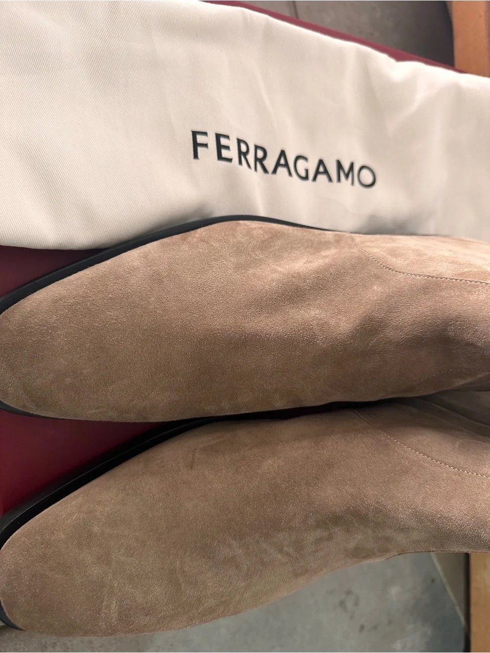 Salvatore Ferragamo Beige Suede Pointed Toe Ankle Boots